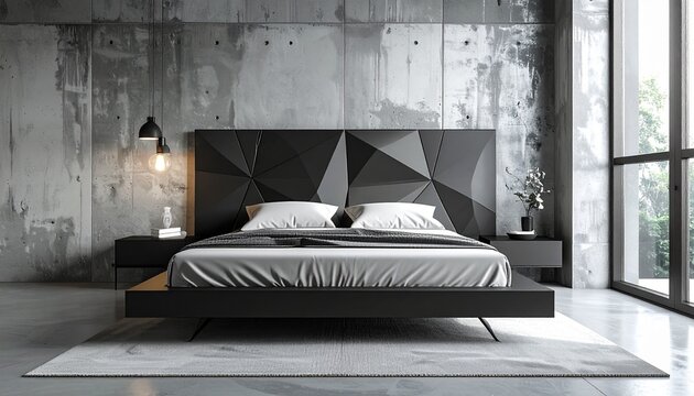 Minimalist steel bed with matte black frame, geometric headboard design, placed in a modern loft bedroom with concrete walls