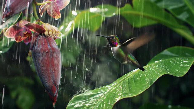 Hummingbird Feeding on Orchid Flower in Rainforest with Closeup Camera Work