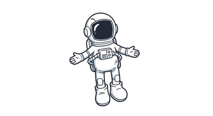 Cartoon astronaut floating in space with outstretched arms invites viewers to explore galaxy
