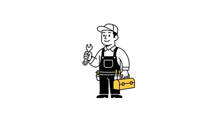 Cartoon repairman character with wrench and toolbox for various design applications