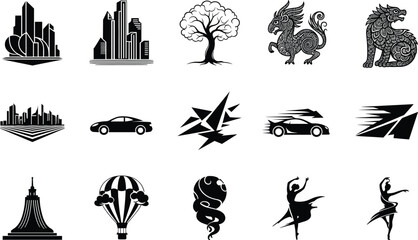 Modern black silhouette collection of city buildings, animals, cars, dancers, and abstract shapes for creative vector design and illustration.