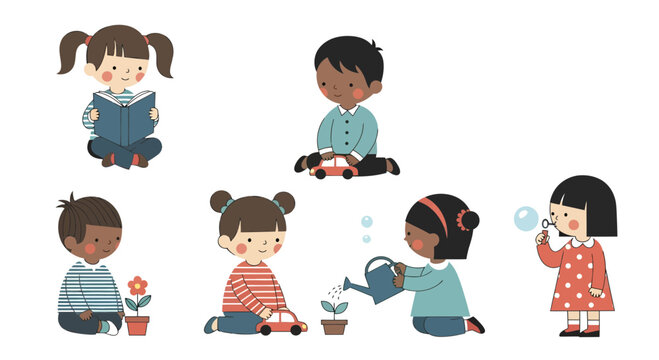 Collection of cute illustrations of diverse children engaged in creative and playful activities - Powered by Adobe