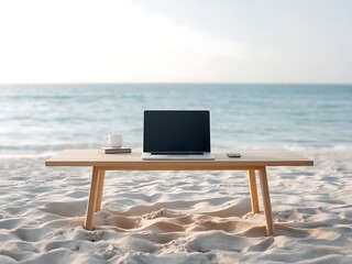 Laptop on a table at the beach with ocean in the background