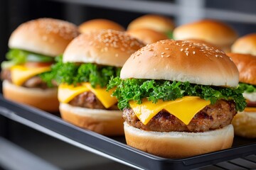 Fresh cheeseburger sliders with kale and sesame buns