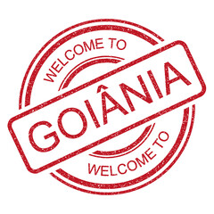 Welcome to Goiânia, Goiás, Brasil, red vintage travel grunge rubber stamp from Brazil on transparent background, vector illustration