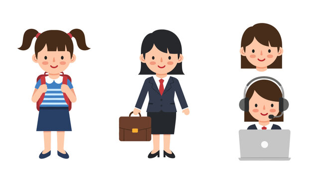 Stylized Characters Representing Growth and Career Paths of Young Women Illustrations