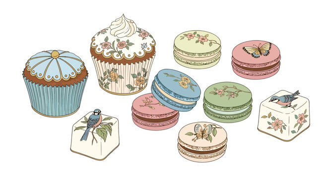 Elegant confectionery arrangement: Cupcakes and macarons adorned with delicate floral and avian