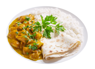 plate of chicken with curry sauce, rice and pita bread isolated on transparent background