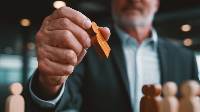Business video showing leader choosing team member strategy with symbolic figure in corporate office setting
