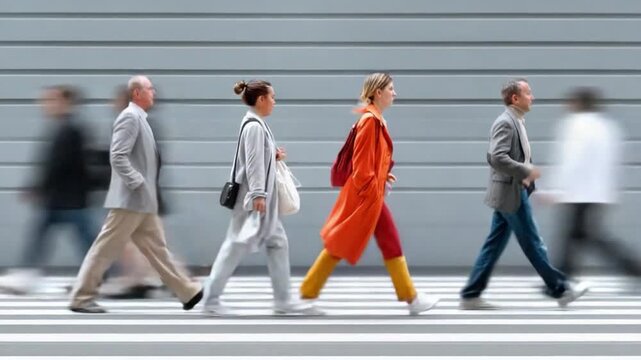 Dynamic Pedestrians: A blurred shot of a group of individuals moving with purpose across a zebra crossing. The image evokes a sense of urban motion and the constant flow of city life. 