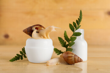 Giant Achatina snails, bottle and jar of cosmetic products on wooden background, closeup