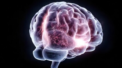 A glowing, detailed digital rendering of a human brain against a black background - Powered by Adobe