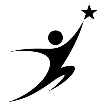 A person reaching for a star, symbolizing aspirations and achievements. The monochrome design features a silhouette of a person striving towards a star, conveying themes of ambition and success. 