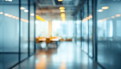 Abstract Light Bokeh In An Empty And Blurred Open Space Office Interior. Displaying A Unique Atmosphere In Modern Workplace Setting.