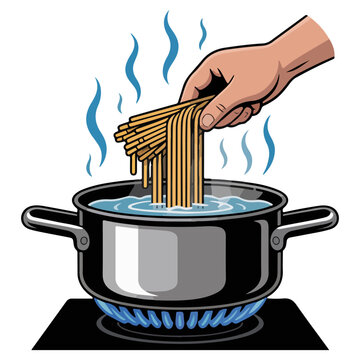 Pasta being cooked in pot with hand illustration. Delicious, steaming pasta is being placed into a pot of boiling water on a stove