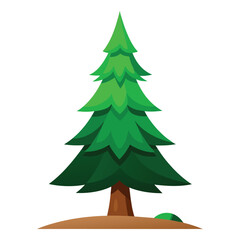 Fototapeta premium A vibrant green cartoon coniferous tree with layered branches and a brown trunk stands on a patch of earth with a small green bush beside it against a white background