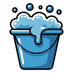 Blue bucket filled with sudsy bubbles overflowing from it. The image conveys a sense of cleanliness, washing, and cleaning tasks. 