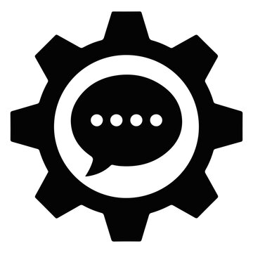 An illustration of a gear wheel containing a speech bubble with four dots, symbolizing a conversation or discussion about the gear's function.