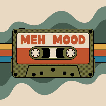 Retro cassette tape with meh mood text on wavy abstract background nostalgic music media symbol vector
