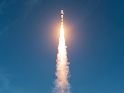 Rocket launch ascending into a clear blue sky