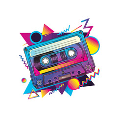 Retro 80s Neon T-Shirt Vector Design – Cassette Tape, Geometric Shapes, Gradient Colors, Bold Nostalgic Illustration for Fashion