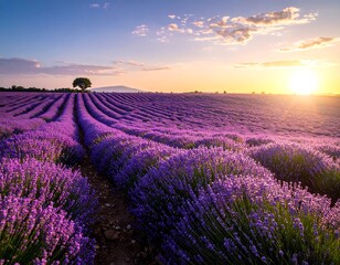 Naklejka premium Lavender Field at Sunset - A Serene Landscape of Provence.