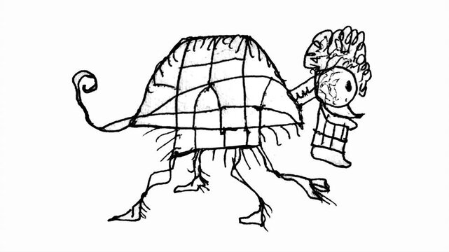Side view full body surreal alien animal monster black and white hand drawn isolated illustration walking looped animated video