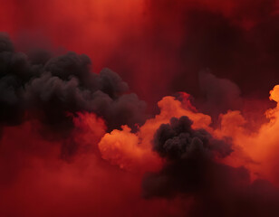 A fiery-toned red sky and abstract black and red background with smoke and flame effects. Wide banner for design, Generative AI.