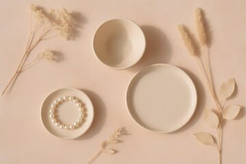 Minimalist flat lay with ceramic plates, bowl, pearl bracelet, and dried botanicals on beige background