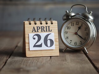 April twenty sixth calendar and vintage alarm clock on wooden surface