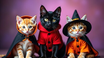 Obraz premium Three cats in Halloween costumes.