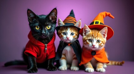 Obraz premium Three cats in Halloween costumes.