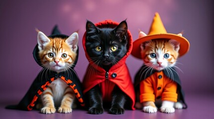 Three cats in Halloween costumes.