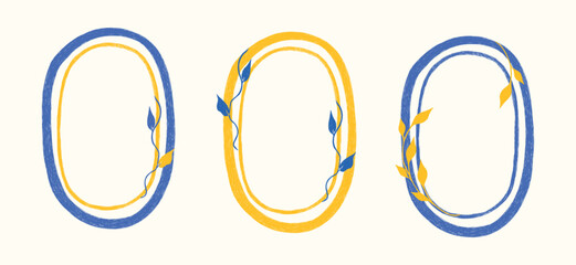 Hand drawn Italian postcard stamp set. Vintage Italy summer doodle border set. Whimsical minimal blue, yellow frames for menu, wedding, invitation. Coastal Isolated vector illustration.