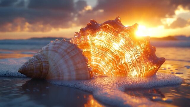 Glowing Seashell on Beach at Sunset with Ocean Waves.