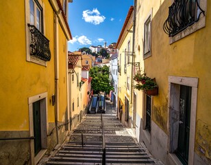 Fototapeta premium A vibrant street scene with steps leading upwards between colorful buildings