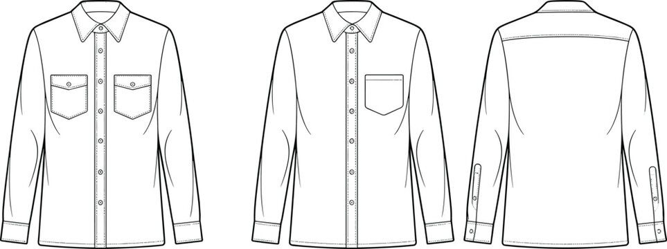 Long sleeve button up shirt technical flat sketch, fashion design template, garment technical drawing, front side back view, apparel vector illustration, clothing blueprint