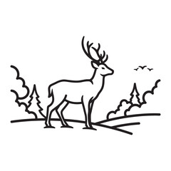 Fototapeta premium Outline vector of a majestic deer in a forest landscape.
