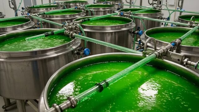 High-tech algae bioreactors in emerald tones for sustainable processing