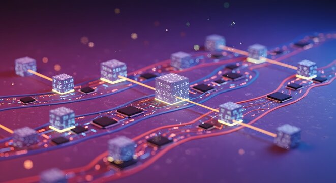 Abstract Digital Network of Glowing Cubes and Circuits, Representing Blockchain or Data Transfer
