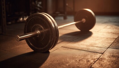 Dark And Warm-Toned Gym Scene Featuring A Barbell Lying On The Floor. The Atmosphere Is Rich And Inviting. Ideal For Workouts.