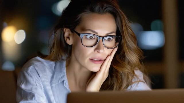 Nighttime Reflection: A woman gazes intently at her laptop screen, bathed in the soft glow of the monitor light. She is displaying a mixture of shock and concentration