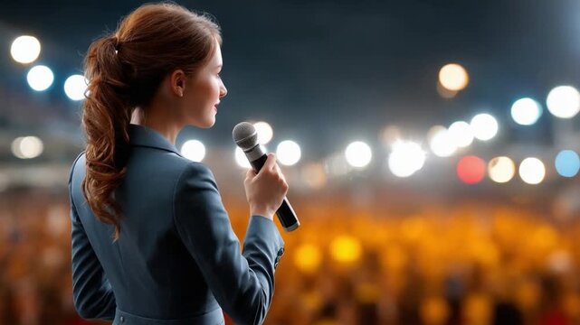 Public Speaking Empowerment: A confident orator delivers a compelling speech to a large audience, emanating poise and clarity in a dynamic setting.