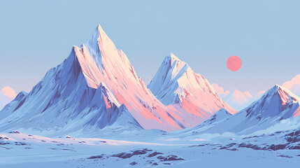 a flat illustration of snow-covered mountains, Sunrise over snowy mountain peaks with a clear sky and scenic landscape, a minimalist vector style, featuring soft edges and blurred details.