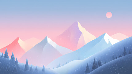a flat illustration of snow-covered mountains, Sunrise over snowy mountain peaks with a clear sky and scenic landscape, a minimalist vector style, featuring soft edges and blurred details.