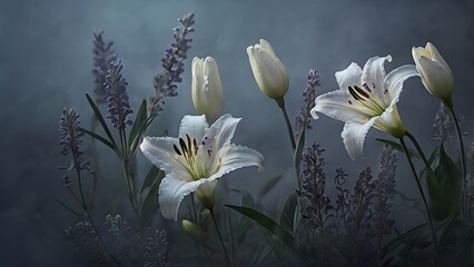 Naklejka premium delicate white lilies and lavender under soft moonlight, misty dreamy ambiance, surreal fine art photography, blue-gray palette, gentle light rays and haze, minimal composition, emotional stillness