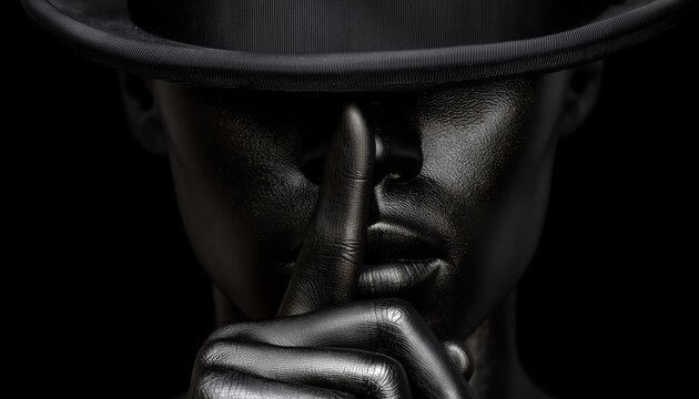 Black Background With Male Finger Gesturing Shh Sign On Black Mask And Wearing Black Top Hat. Encapsulating Freedom Of Speech And Silence.
