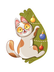 New Year cat climbing tree