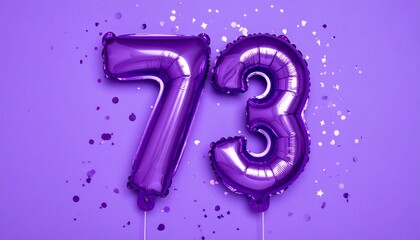 Purple balloon number 73 with confetti on solid colored background. Photo for anniversary or birthday party