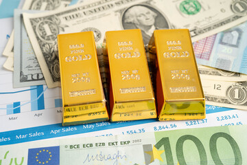 Gold bars with US dollar and Euro banknote money, finance trading investment business currency.
